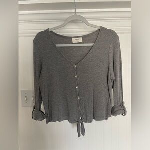 Gray tie front |  button down top | roll up sleeves with button| black one too